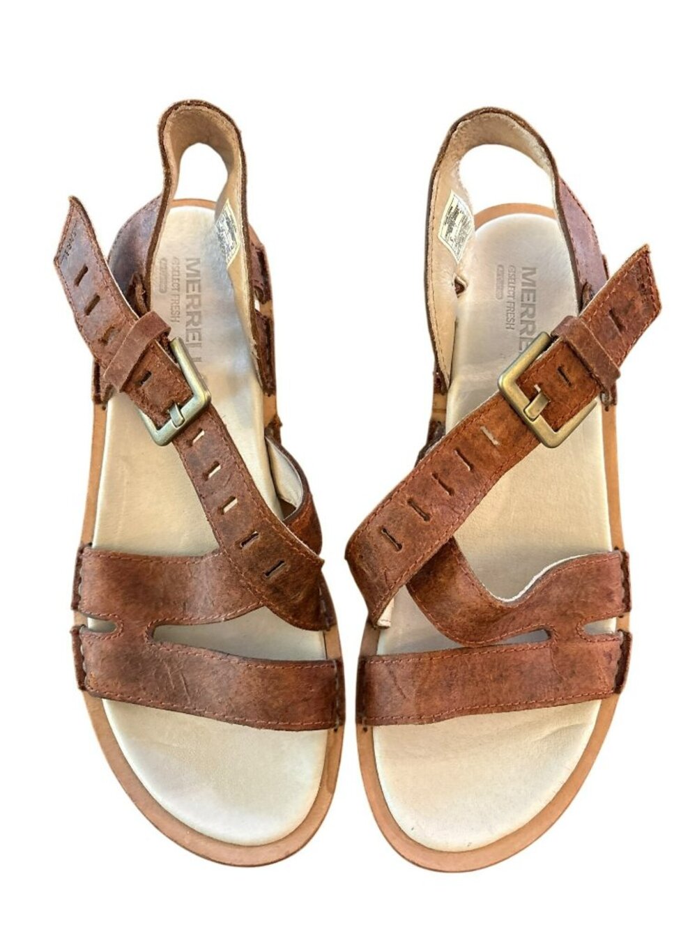 Merrell  Sirah Prairie Brown Lattice Leather Wedge Sandals Size 9 US